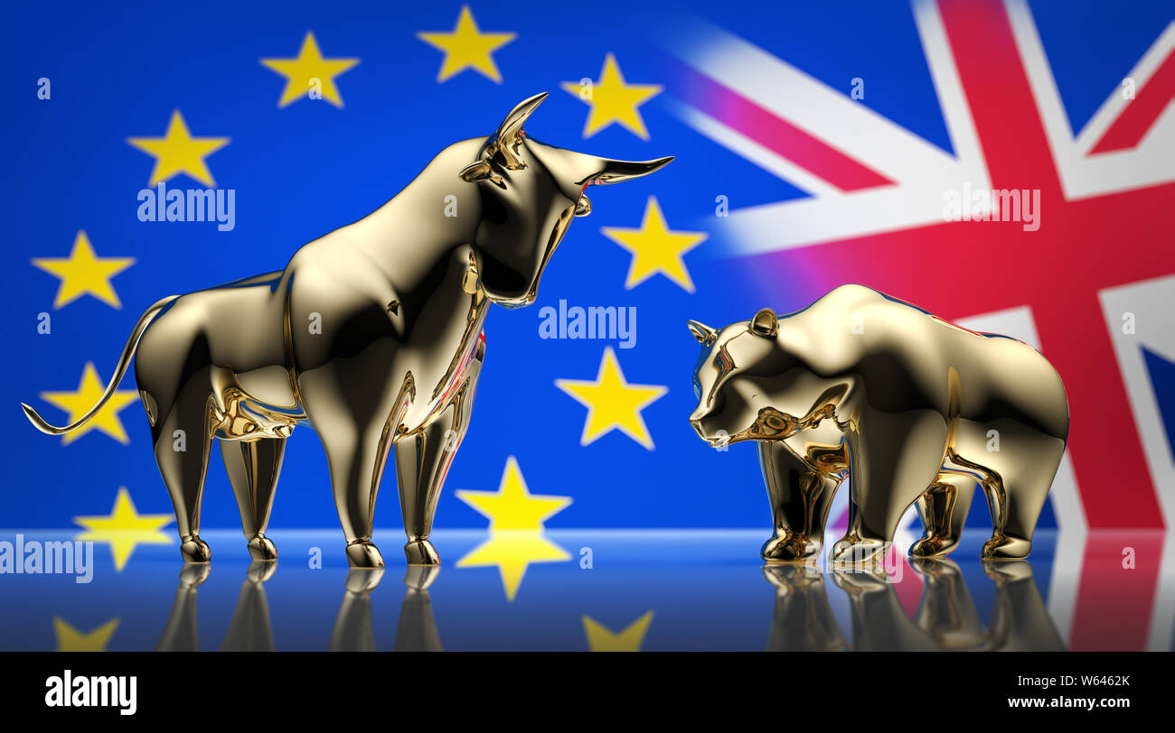 Goldene Bulle und Bär vor der Europäischen und Großbritannien Flaggen Stockfoto