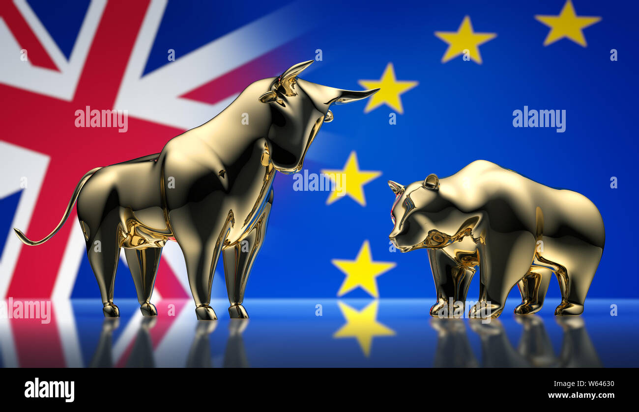 Goldene Bulle und Bär vor der Europäischen und Großbritannien Flaggen Stockfoto