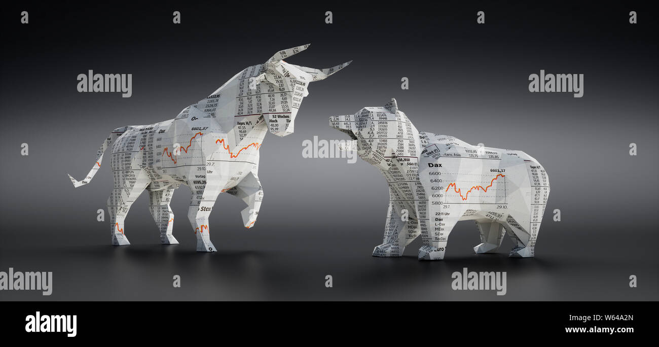 Papier Bulle und Bär aus finanziellen Zeitung - 3D Illustration - Bulle und Bär Stockfoto