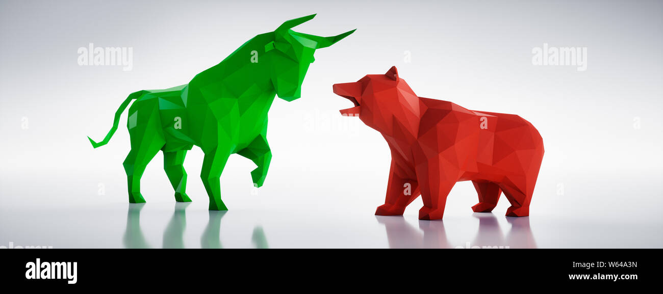 Grüne Bulle und Bär Rot auf weißem Hintergrund - 3D-Illustration - Bulle und Bär Stockfoto
