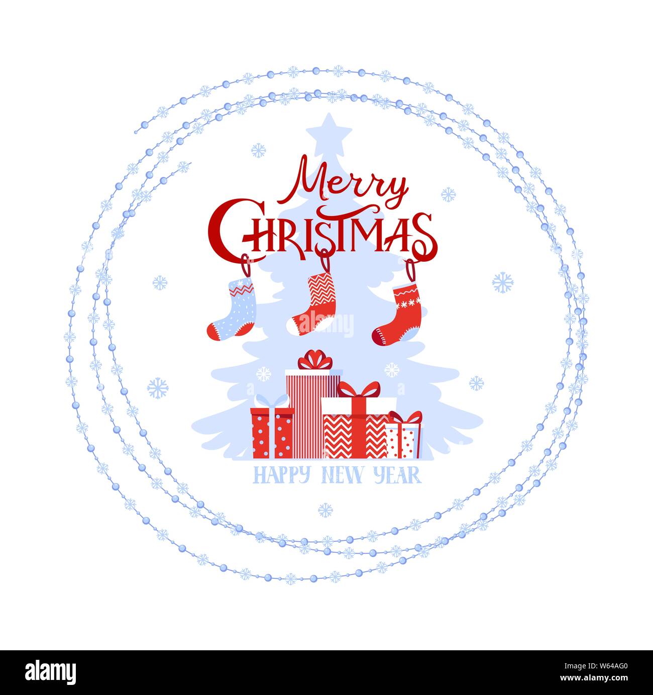 Weihnachten logo, phrase Frohe Weihnachten, Kartons mit Geschenken und Weihnachten Socken. Element für Design Postkarte, Grüße, Banner. Vektor im flachen Stil auf weißem Hintergrund. Stock Vektor