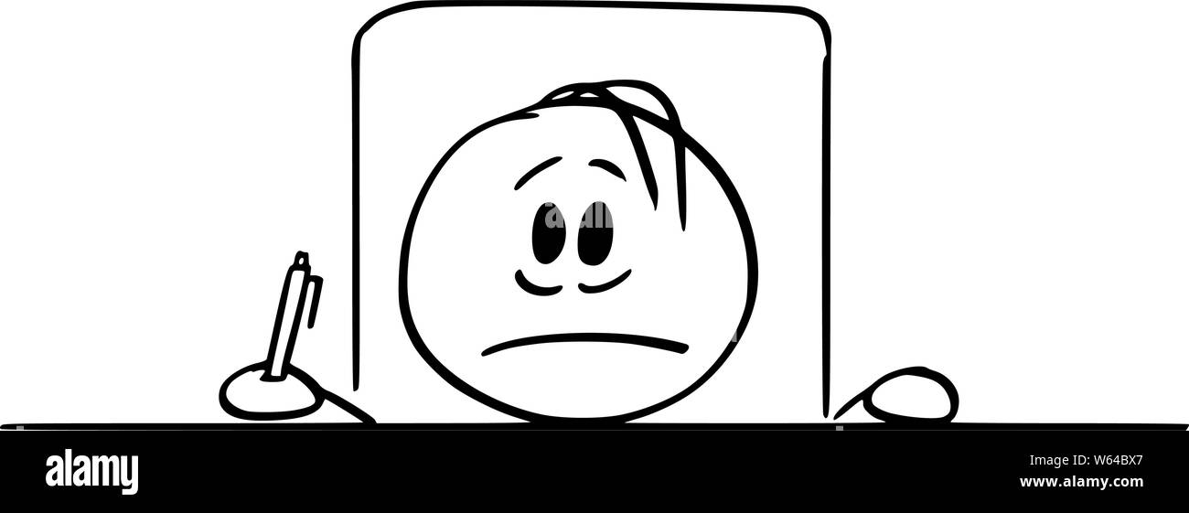 Vektor cartoon Strichmännchen Zeichnen konzeptionelle Darstellung der frustriert oder ängstlichen Mann oder Geschäftsmann sitzt mit dem Kopf auf dem Schreibtisch, und Kugelschreiber in die Hand. Stock Vektor