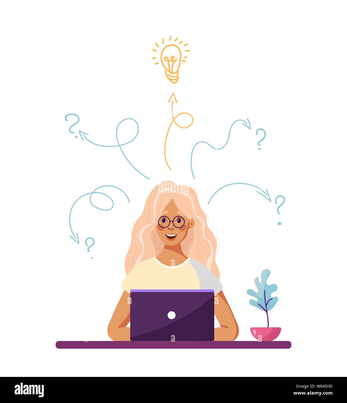 Das Mädchen mit den Gläsern arbeitet hinter einem Laptop. Lösung von Problemen oder Fragen in der Arbeit, der Suche nach Antworten und Ideen. Abbildung: Geschäftsgrafiken, eine Frau mit Ideen, Gedanken und Analysen gefüllt. Vektor Illustration im Cartoon Stil. Stock Vektor