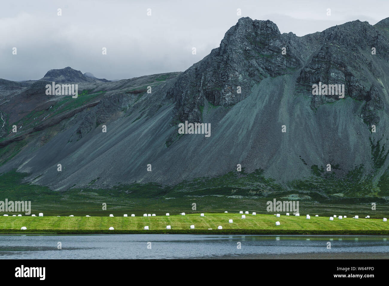 Weißer Kunststoff Silage gewickelten Ballen mit Heu auf grünem Gras Hügel in der Nähe von See Islands. Landwirtschaft in Skandinavien, Europa. Sonnigen Sommer Wetter, Natur bac Stockfoto
