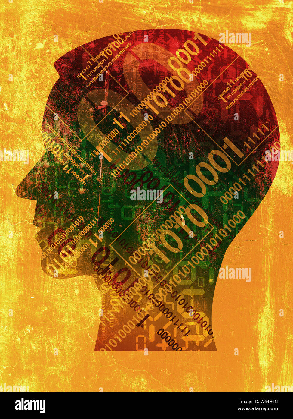 Burn-out-Syndrom, Stress, Computer-Experte. Männliche Kopf stilisierte Silhouette mit binären Codes, auf grunge Hintergrund. Stockfoto