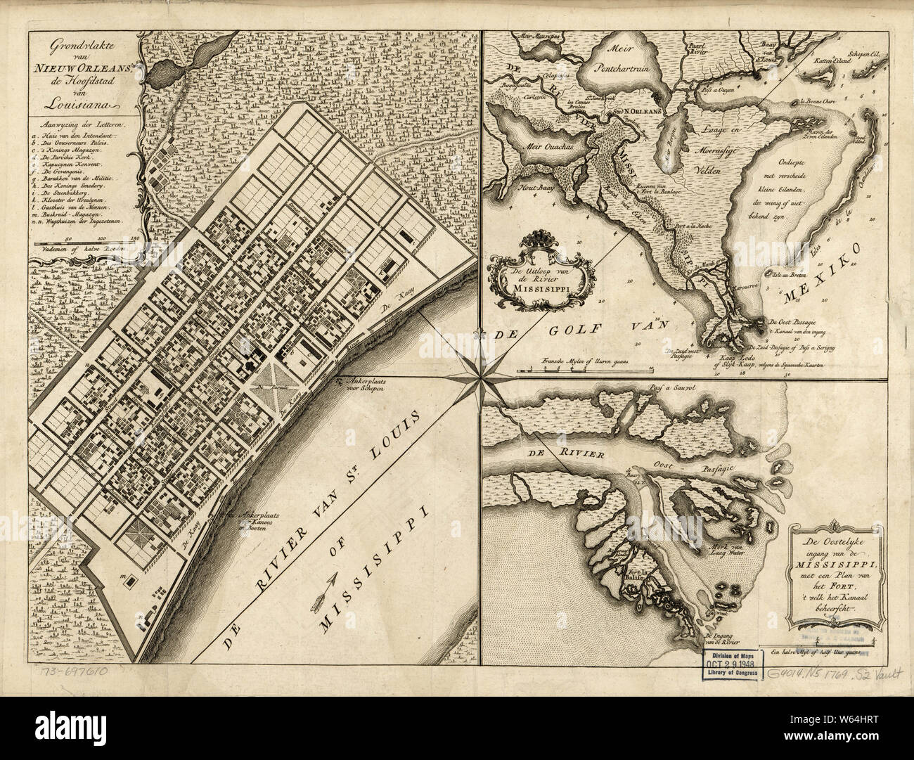 Amerikanischer Unabhängigkeitskrieg Ära Karten 1750-1786 539 Grondvlakte van de hoofdstad van Nieuw Orleans Louisiana De uitloop van de Rivier Mississippi De oostelyke Bauen und Reparieren Stockfoto