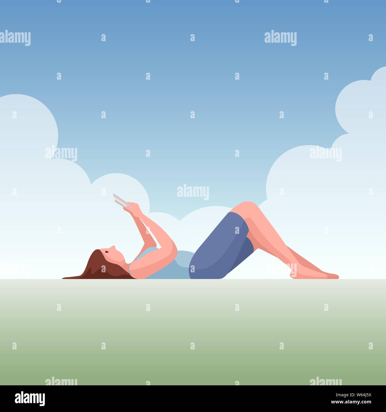 Junge Frau liegend unter freiem Himmel und ein Buch lesen. Vector Illustration. Stock Vektor