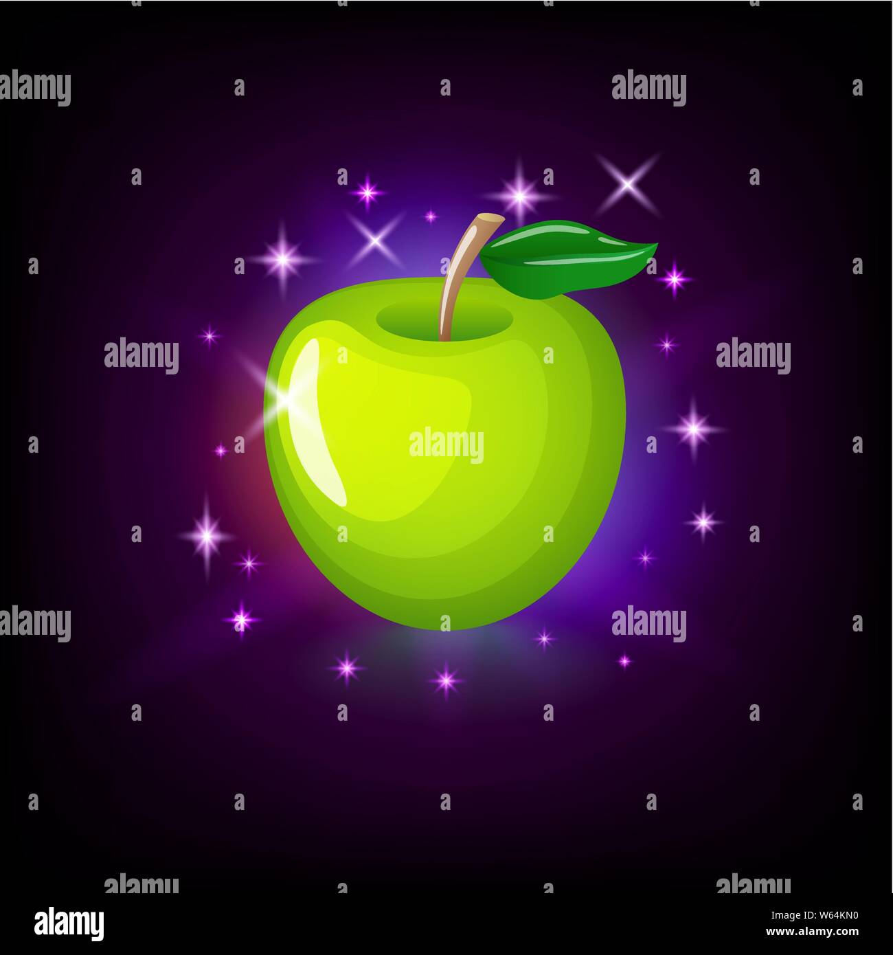 Grüner Apfel mit Blatt, Symbol für online Casino oder Logo für Mobile Game auf dunklem lila Hintergrund, Vector Illustration. Stock Vektor