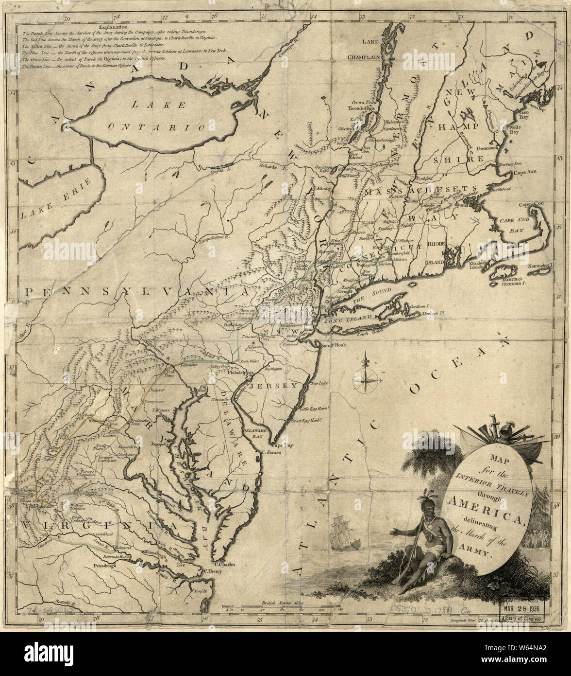 Amerikanischer Unabhängigkeitskrieg Ära Karten 1750-1786 584 Karte für  innere Reisen durch Amerika Abgrenzung der März der Armee wieder aufbauen  und Reparieren Stockfotografie - Alamy