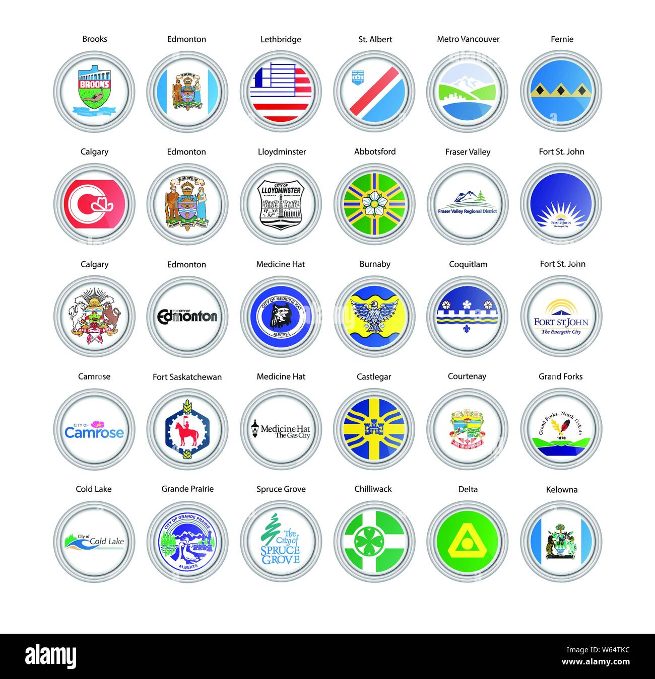 Satz von Vector Icons. Regionen von Kanada Flaggen und Wappen (Alberta und British Columbia). 3D-Darstellung. Stock Vektor