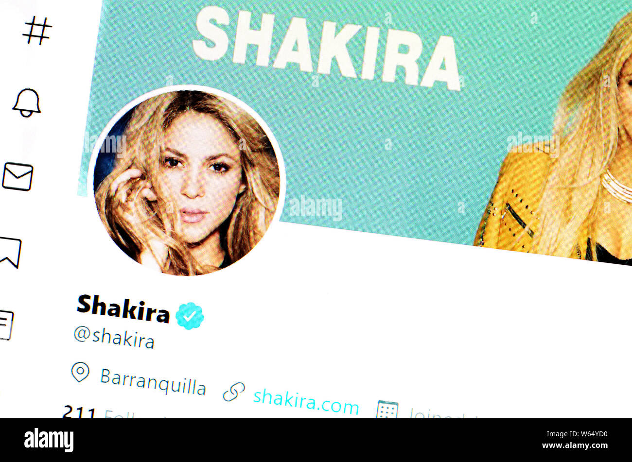 Twitter Seite (Juli 2019): Shakira (Shakira Isabel Mebarak Ripoll) - der kolumbianische Sänger Stockfoto