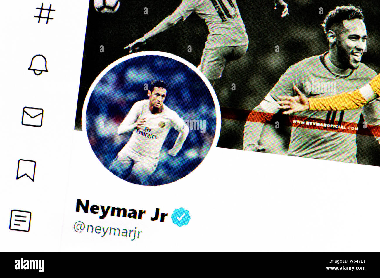 Twitter Seite (Juli 2019) Neymar Jr (Neymar da Silva Santos Indiana Junior) - Brasilianische foortballer Stockfoto