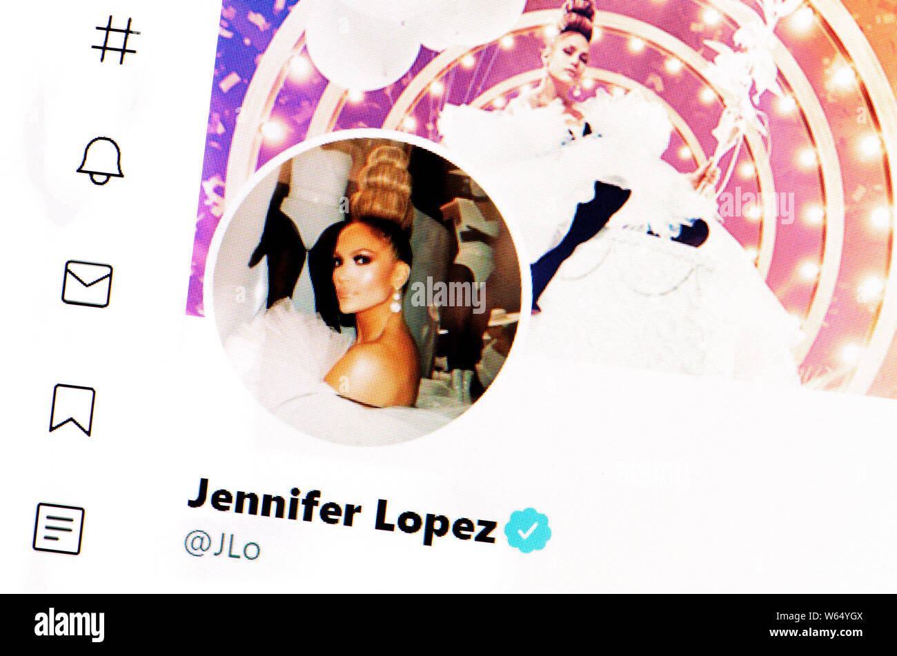 Twitter Seite (Juli 2019) Jenifer Lopez - amerikanische Sängerin und Schauspielerin Stockfoto