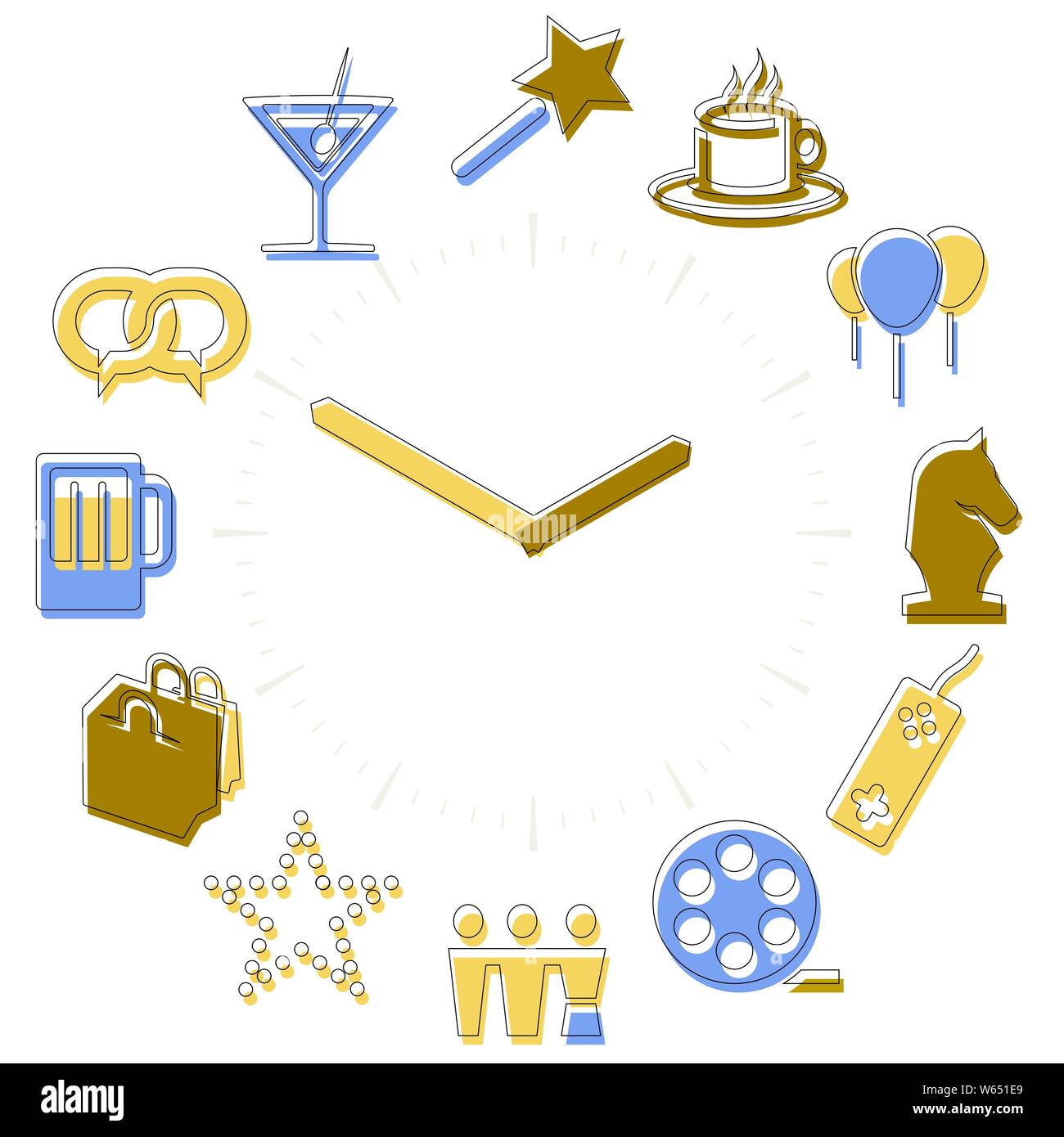 Vector Illustration. Freizeit. Aktivitäten Symbole in eine Uhr mit Stunden. Stock Vektor