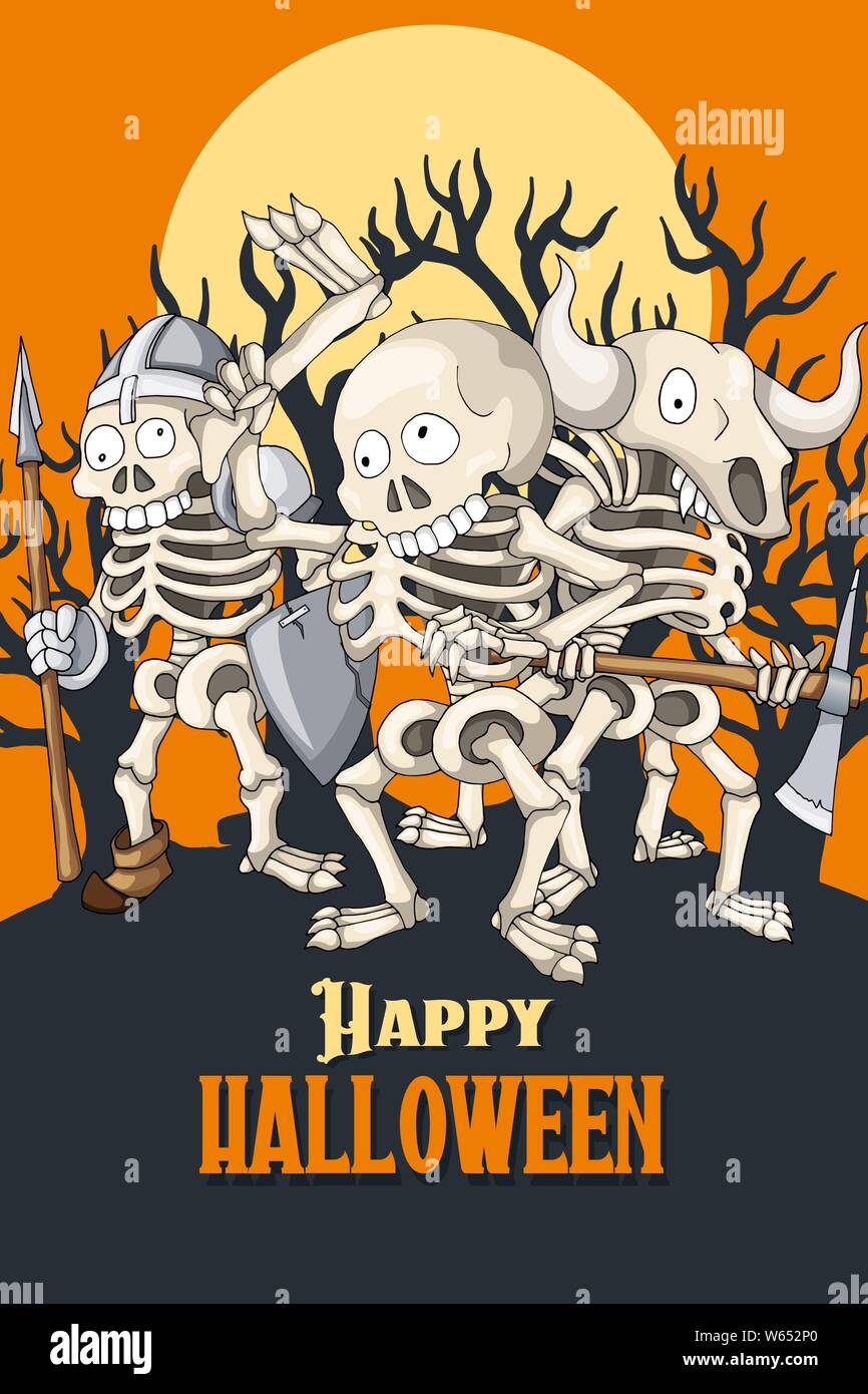 Happy Halloween Party Einladung Postkarte Vorlage. Cartoon Charakter menschlichen Untote. Partei von Skeletten in unterschiedlichen Posen. Bunte Vektor Illustrati Stock Vektor
