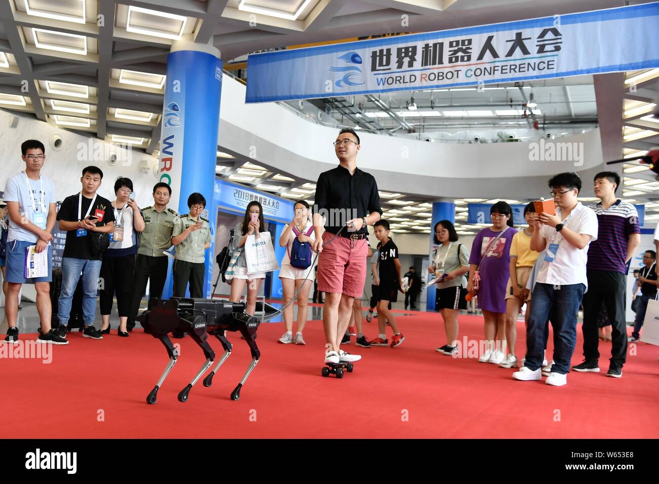 Ein Besucher stehen auf einem Skateboard "Spaziergänge" ein Roboter Hund auf dem Display während der Welt Roboter Konferenz (WRC) 2018 in Peking, China, 15. August 2018. Th Stockfoto