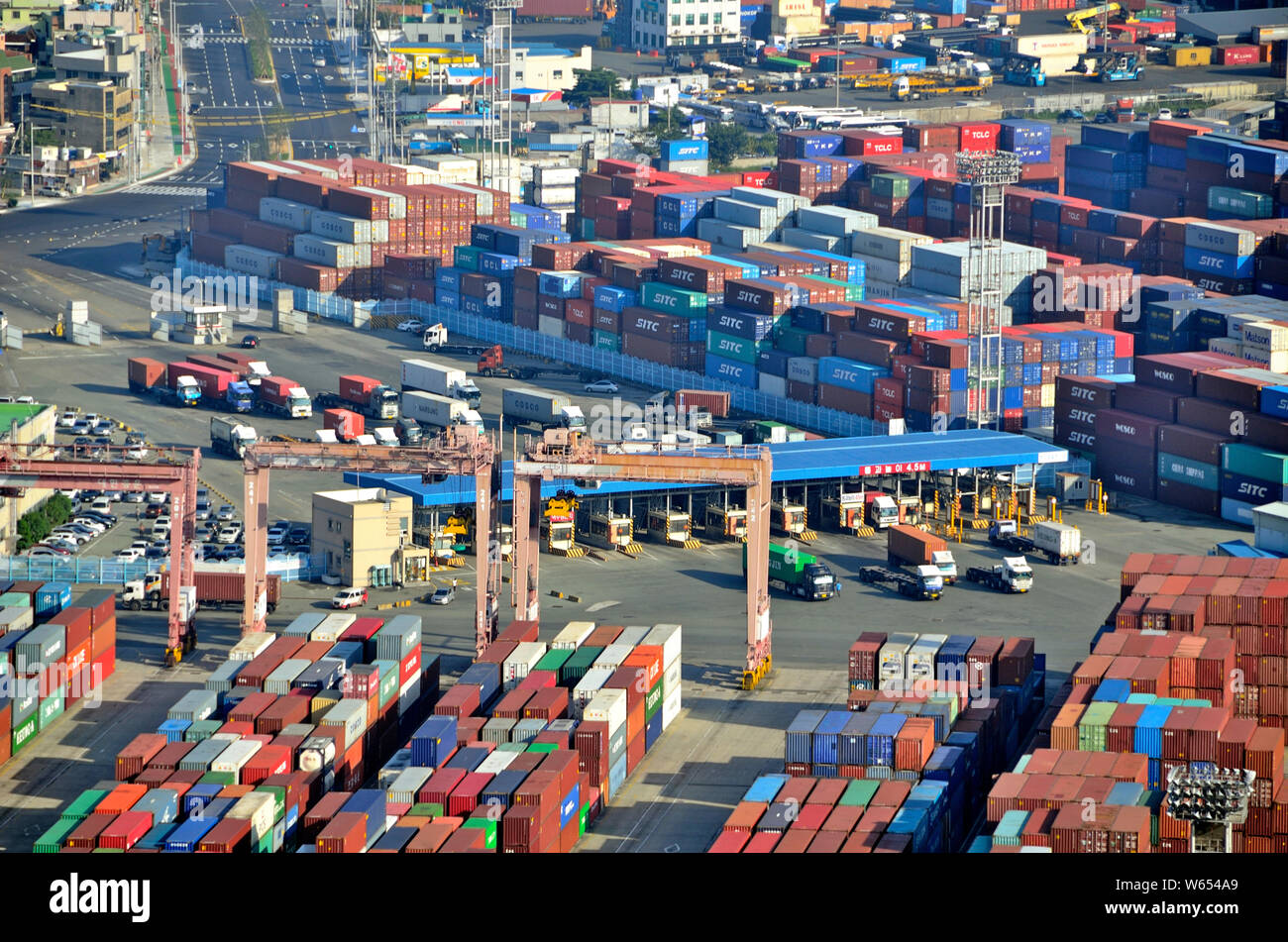 Eine Luftaufnahme eines Containerterminals in Busan, Südkorea die führende Port Stockfoto
