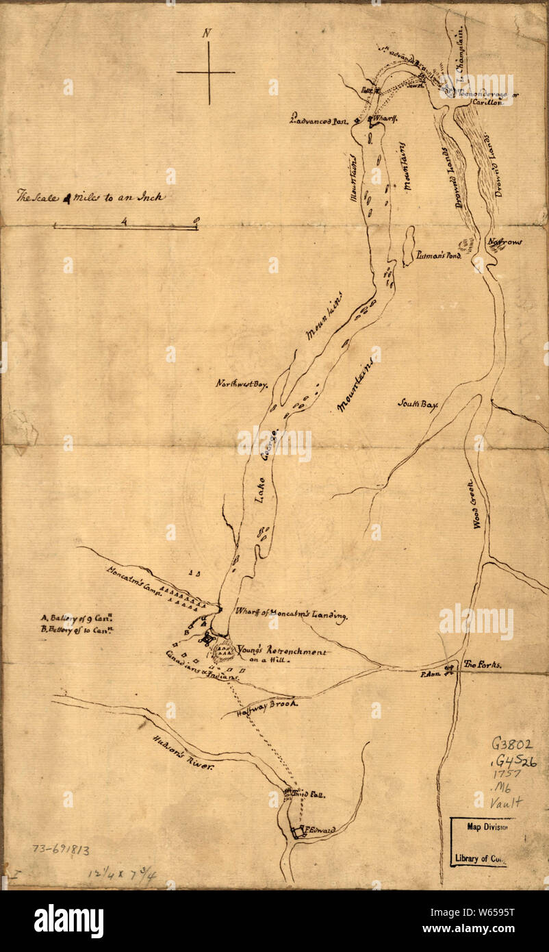 Amerikanischer Unabhängigkeitskrieg Ära Karten 1750-1786 764 Plan der Angriff auf Fort William Henry und Ticonderoga zeigt die Straße von Fort Edward Montcalms Camp aufbauen und Reparieren Stockfoto