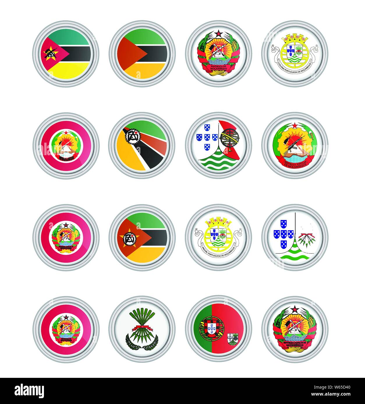 Satz von Vector Icons. Flaggen von Mosambik. 3D-Darstellung. Stock Vektor