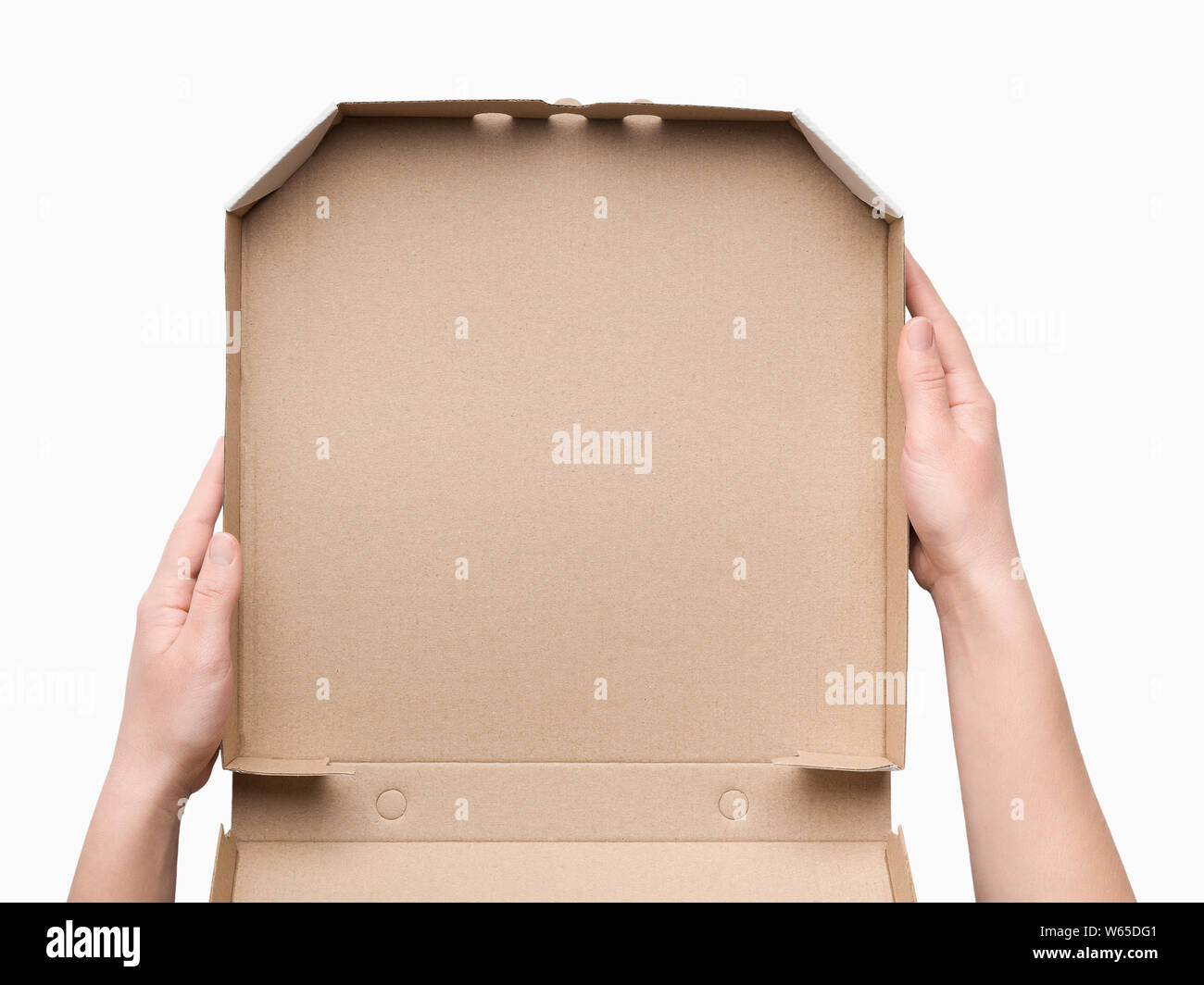 Kurier Hände halten Leere pizza box für die Lieferung Stockfoto