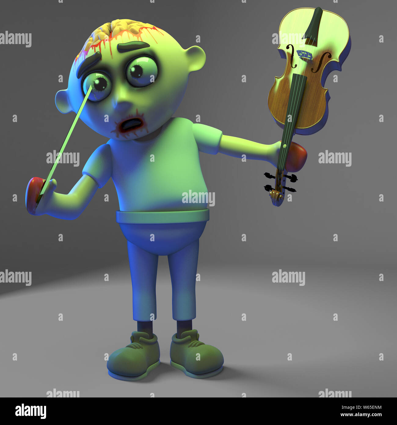 Dumm Zombie monster Pokes selbst im Auge mit geigenbogen, 3d-Grafik rendern Stockfoto