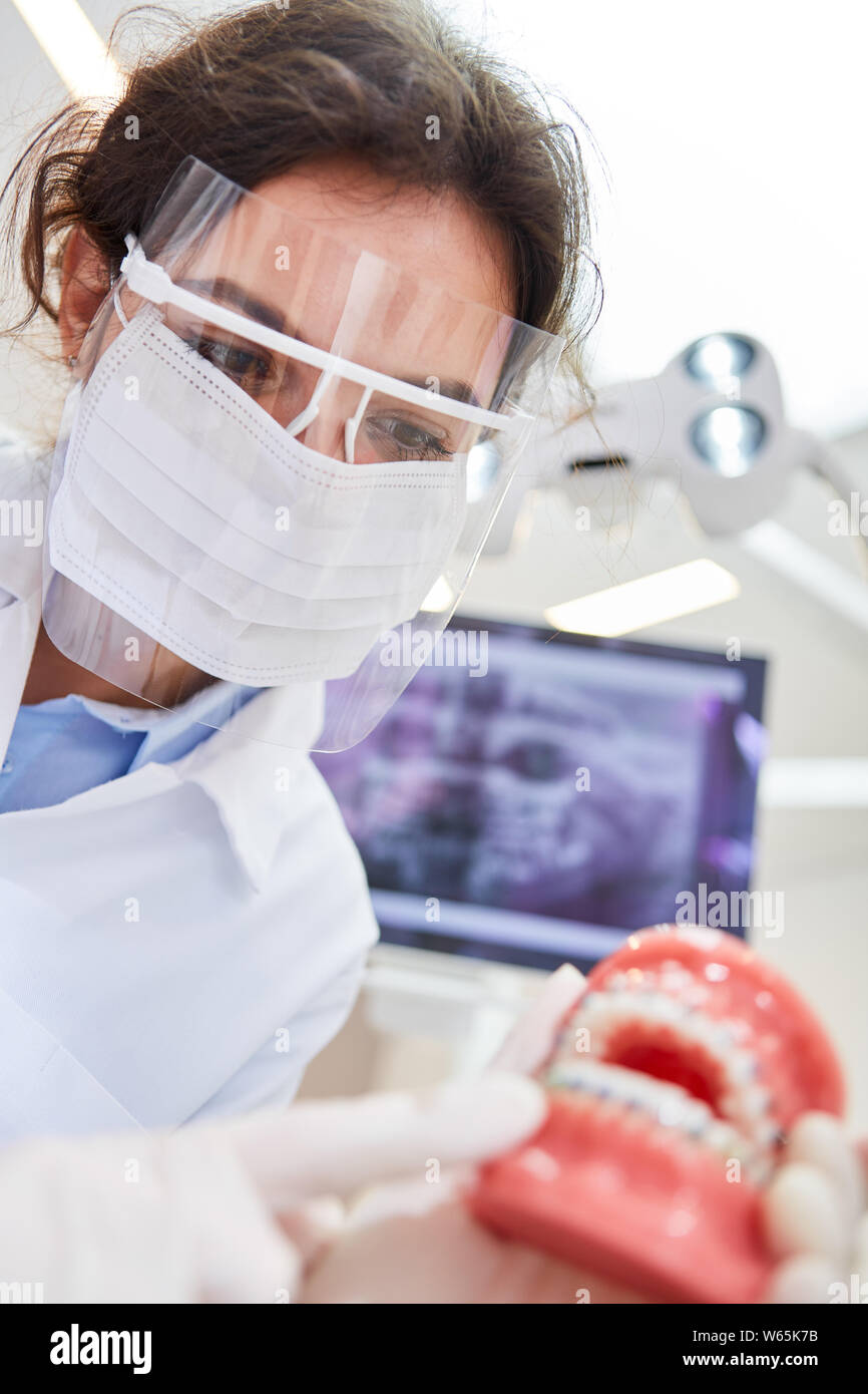 Frau als Zahnarzt mit Mundschutz und Visor erklärt die Behandlung auf einer Prothese Modell Stockfoto