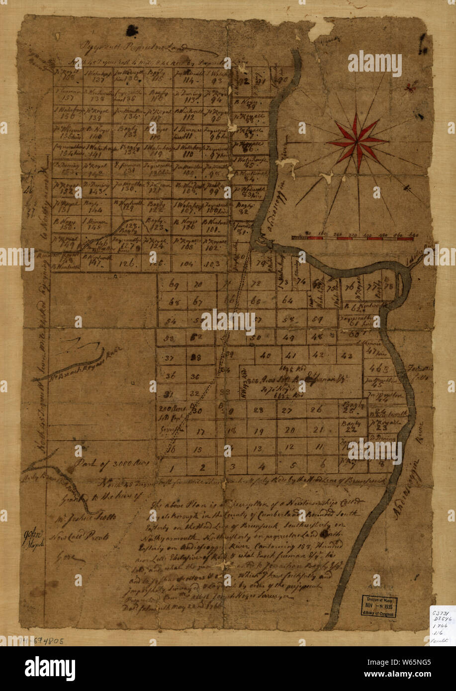 Amerikanischer Unabhängigkeitskrieg Ära Karten 1750-1786 912 Die oben genannten Plan ist eine Beschreibung einer neuen Gemeinde namens Royalsborough in der Grafschaft Cumberland bounded Bauen und Reparieren Stockfoto