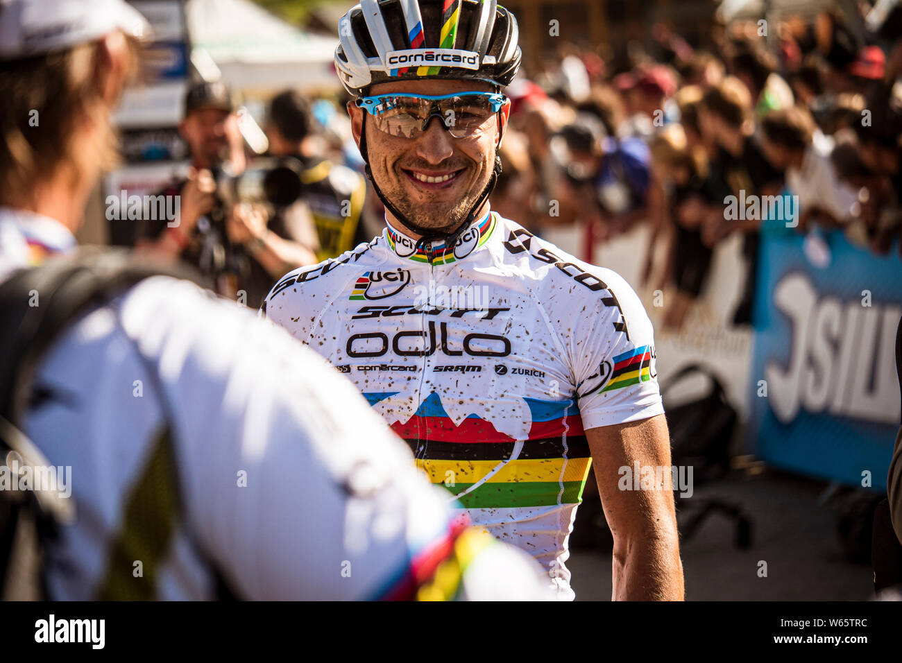 AUGUST 24, 2014 - Meribel, Frankreich. Nino Schurter an der UCI Mountainbike Cross Country World Cup. Stockfoto