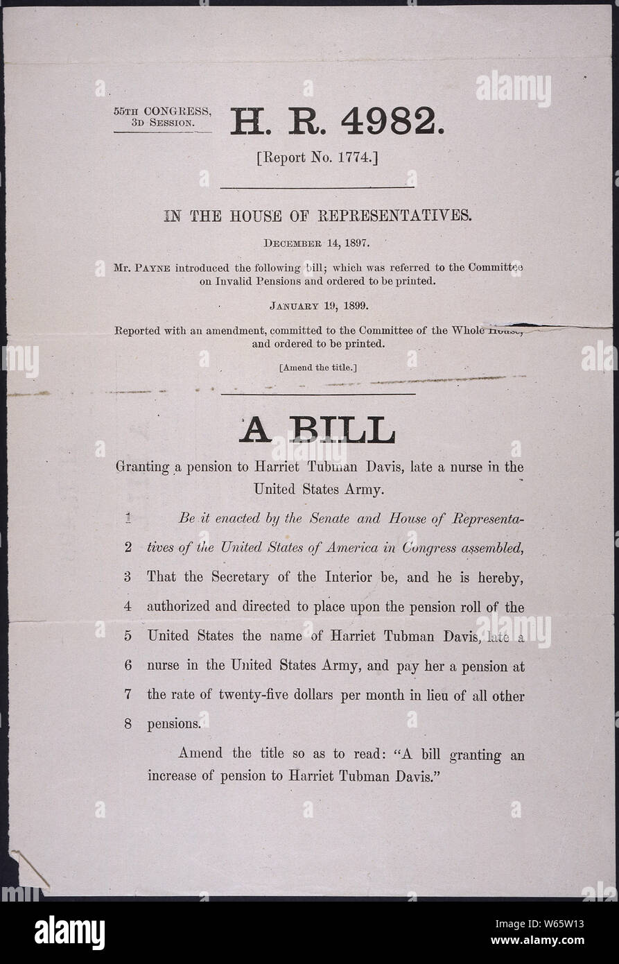 H.R. 4982, ein Gesetz zur Gewährung einer Rente an Harriet Tubman Davis, spät, eine Krankenschwester in der US-Army Stockfoto