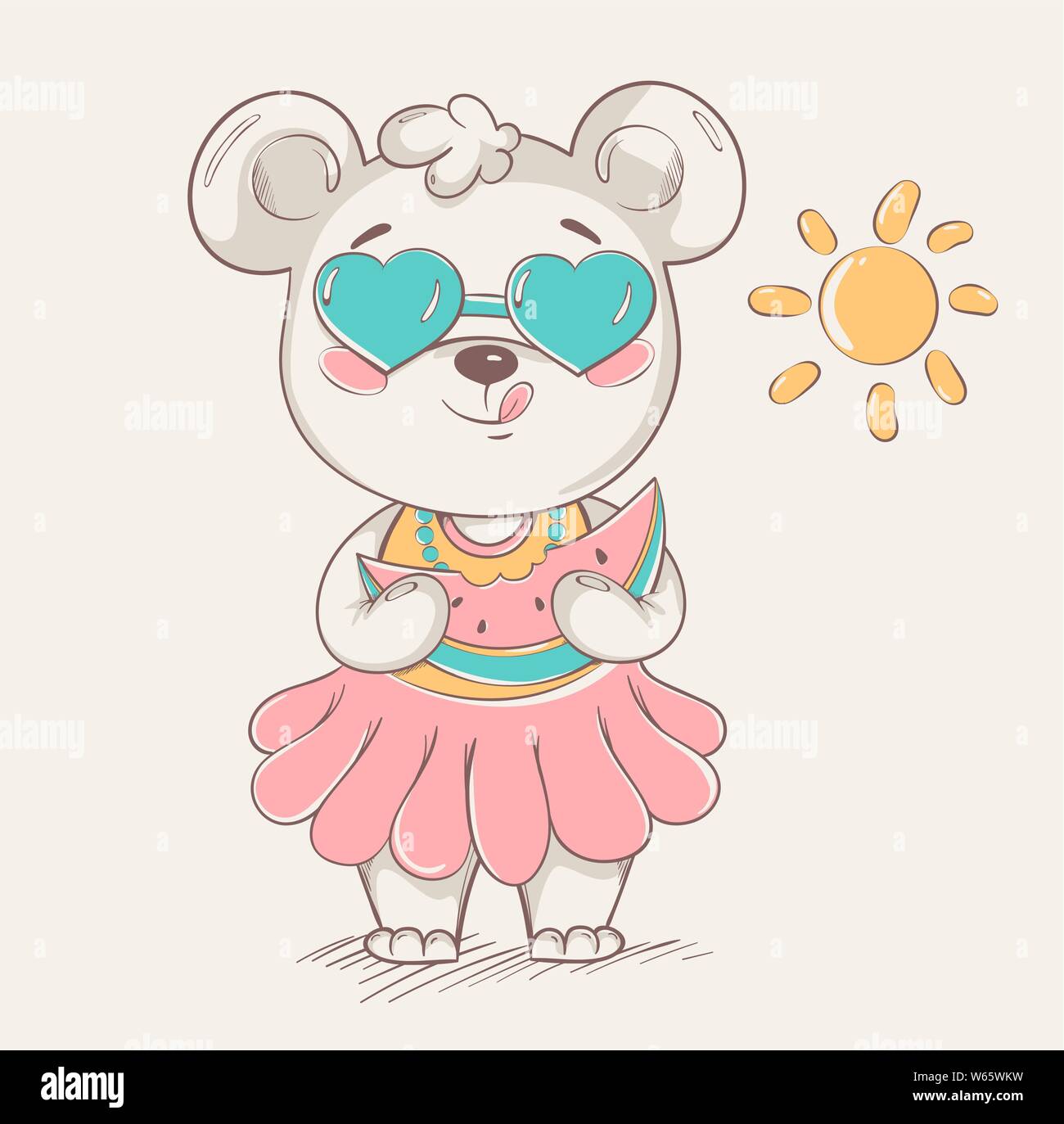 Süße kleine Bär im bunten Rock und Sonnenbrille hält Wassermelone. Vector Abbildung kann zum Bedrucken von T-Shirts verwendet werden. Stock Vektor