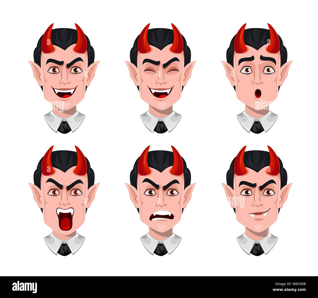 Teufel Emotionen. Verschiedene Gesichtsausdrücke von Monster. Hübscher cartoon Charakter. Vector Illustration auf weißem Hintergrund Stock Vektor