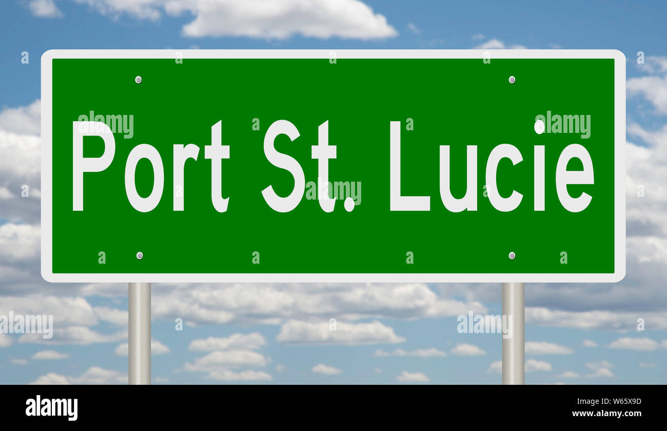 Rendering von einem grünen Hinweisschild für Port St. Lucie, Florida Stockfoto