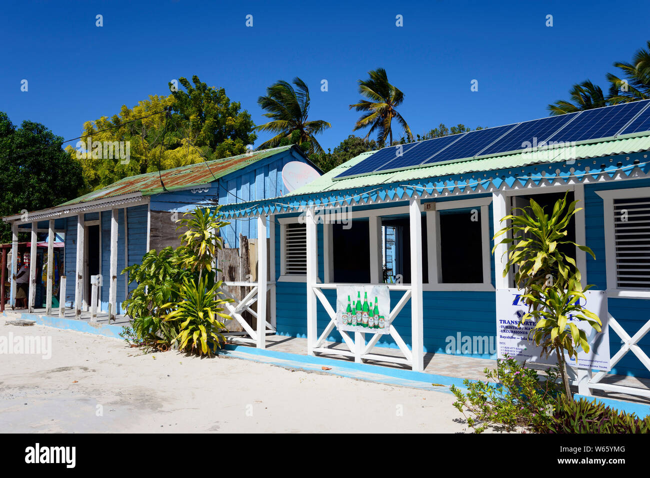 Häuser, Fischerdorf Mano Juan, Insel Isla Saona, Parque Nacional del Este, Dominikanische Republik, Karibik, Nordamerika Stockfoto