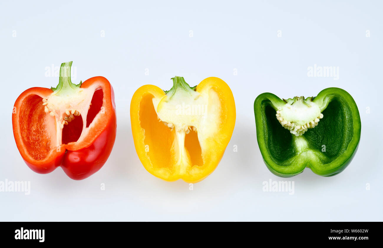 Rote, gelbe und grüne Bellpepper, Capsicum annuum Stockfoto
