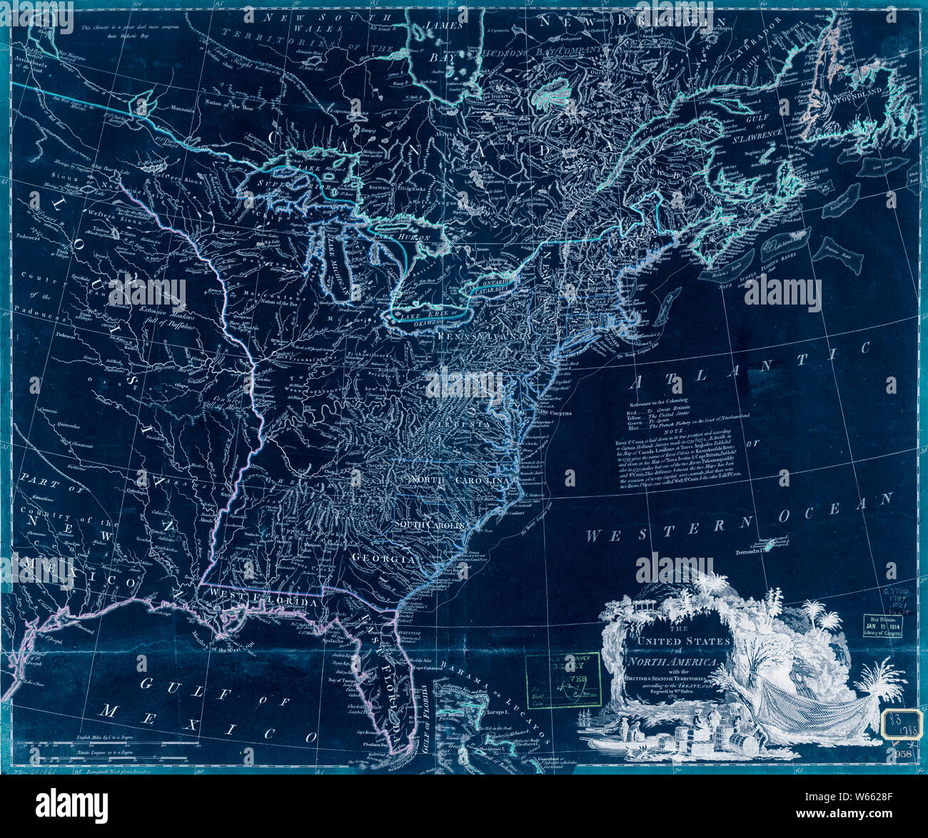 Amerikanischer Unabhängigkeitskrieg Ära Karten 1750-1786 953 die Vereinigten Staaten von Nordamerika mit der Britische und spanische Gebiete gemäß dem Vertrag von 1784 1 invertiert Bauen und Reparieren Stockfoto