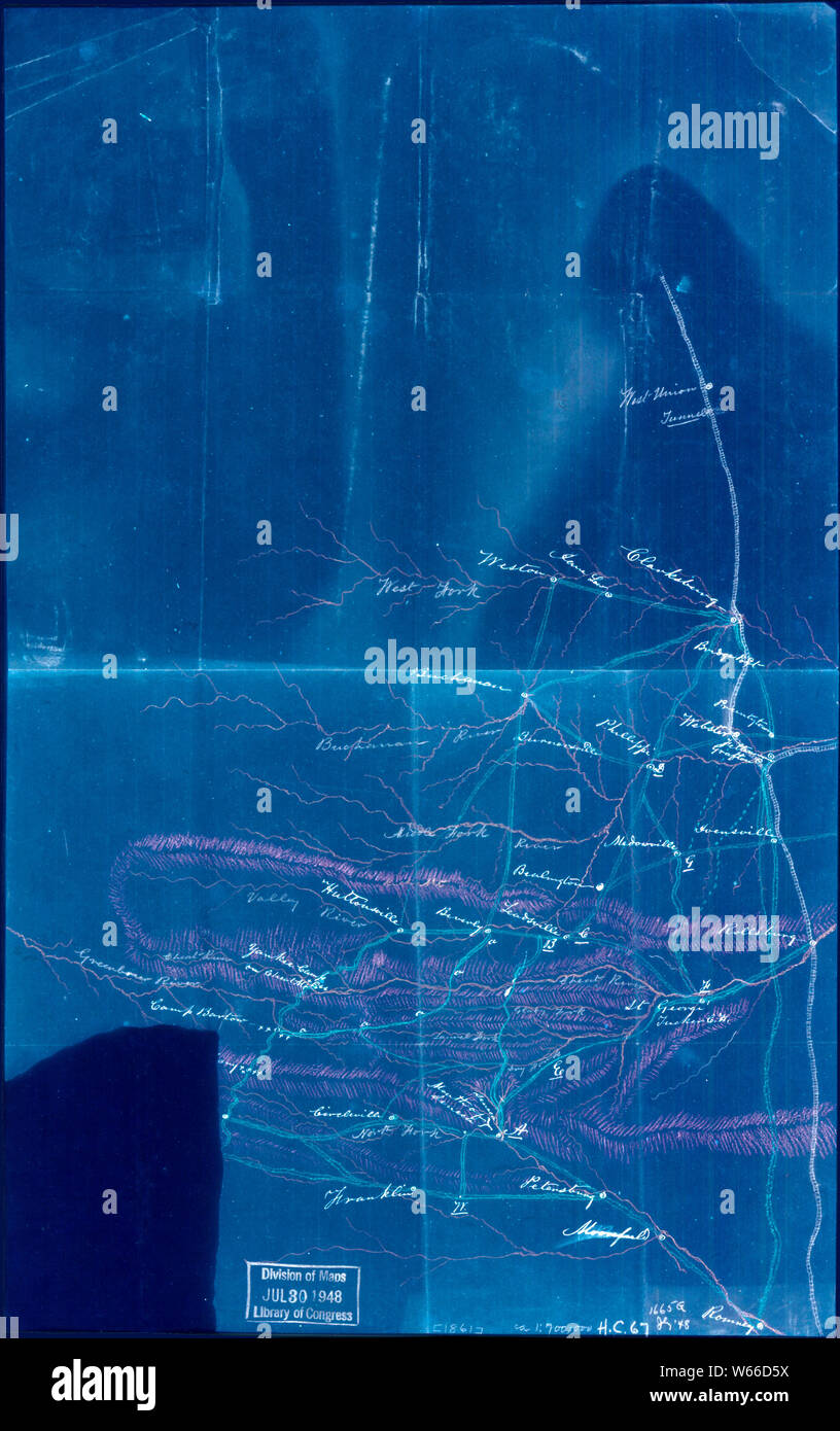 Bürgerkrieg Karten 2029 Karte von Teil des östlichen West Virginia zur Verlängerung von Romney westwärts nach Clarksburg Zentrierung auf die reiche Berg Schlacht Bereich invertiert Bauen und Reparieren Stockfoto