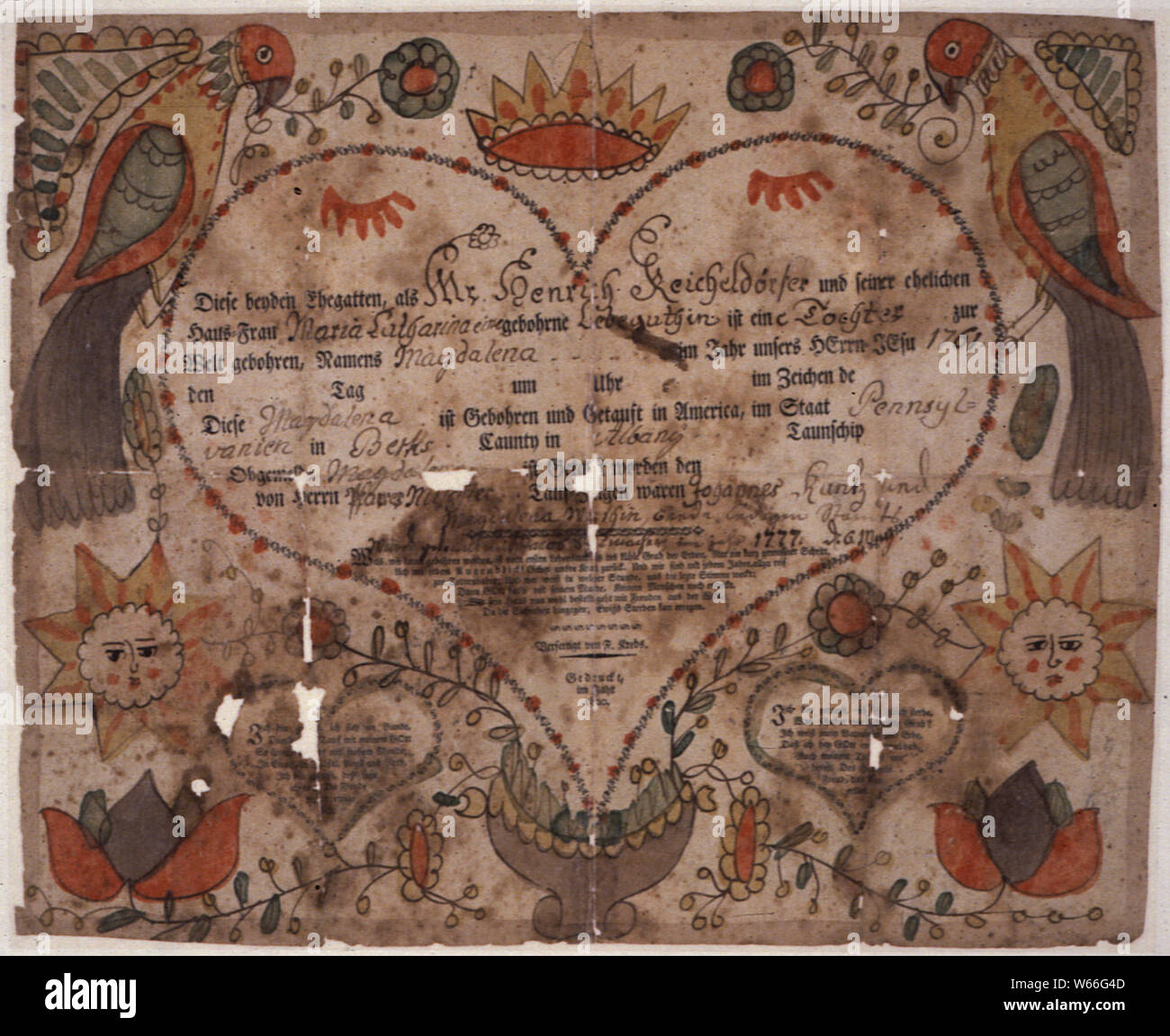 Illustrierte Familie Datensatz (Fraktur) gefunden in revolutionären Krieg Pension und Bounty-Land - Haftbefehl Anwendung Datei W6053, Jacob Schuhmacher, Pennsylvania.; Umfang und Inhalt: Illustrierte Familie Datensatz in deutscher Sprache. Gedruckte Geburts- und Taufschein von Friederich Krebs, 1800. Farbenfroh von Hand mit Vögeln, Sonnen oder Sterne abgebildet, und Tulpen. Allgemeine Hinweise: Original an TR3240 entfernt Stockfoto