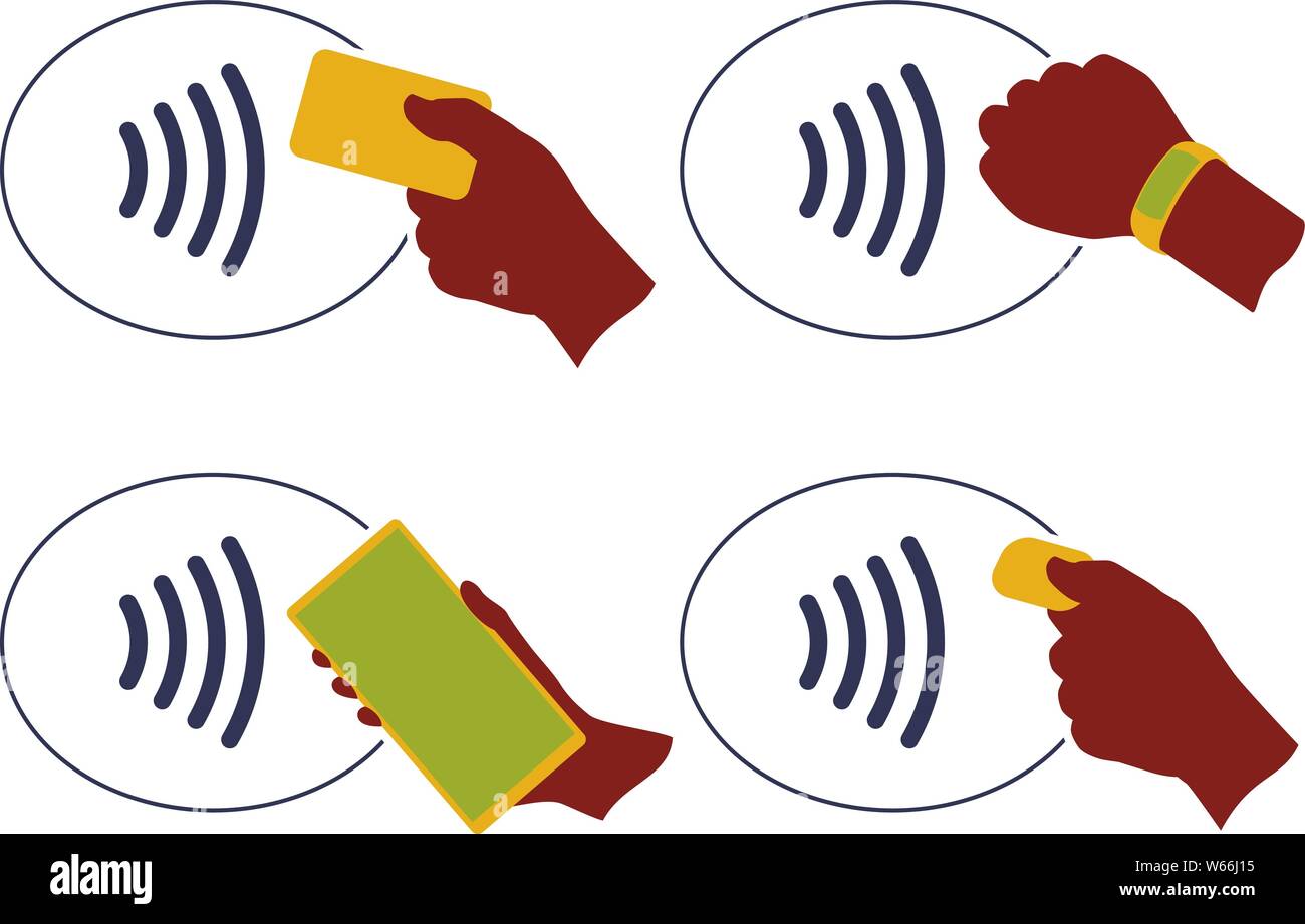 Vector Illustration. NFC Wireless Payment Methode Symbol mit Händen eingestellt. Stock Vektor