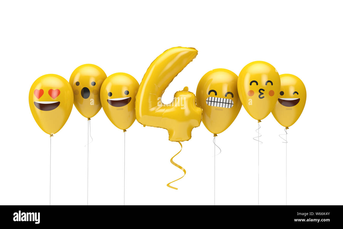 Nummer 4 gelb Geburtstag emoji Gesichter Luftballons. 3D-Rendering Stockfoto