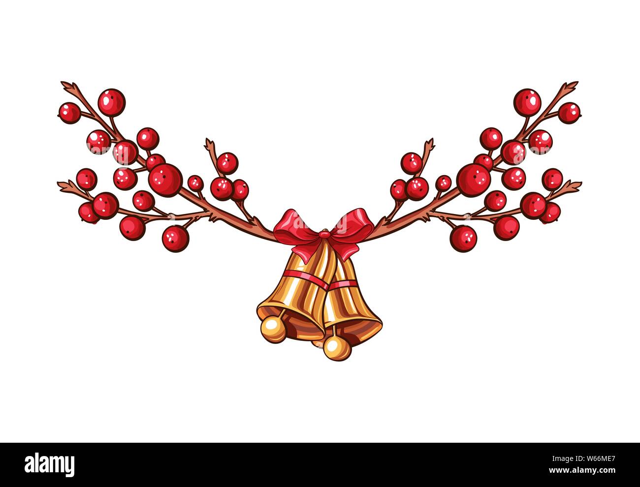 Red Xmas Beeren Zweig Vektor isoliert Grenze oder Schneidwerk mit Weihnachten Glocken und roter Schleife Stock Vektor