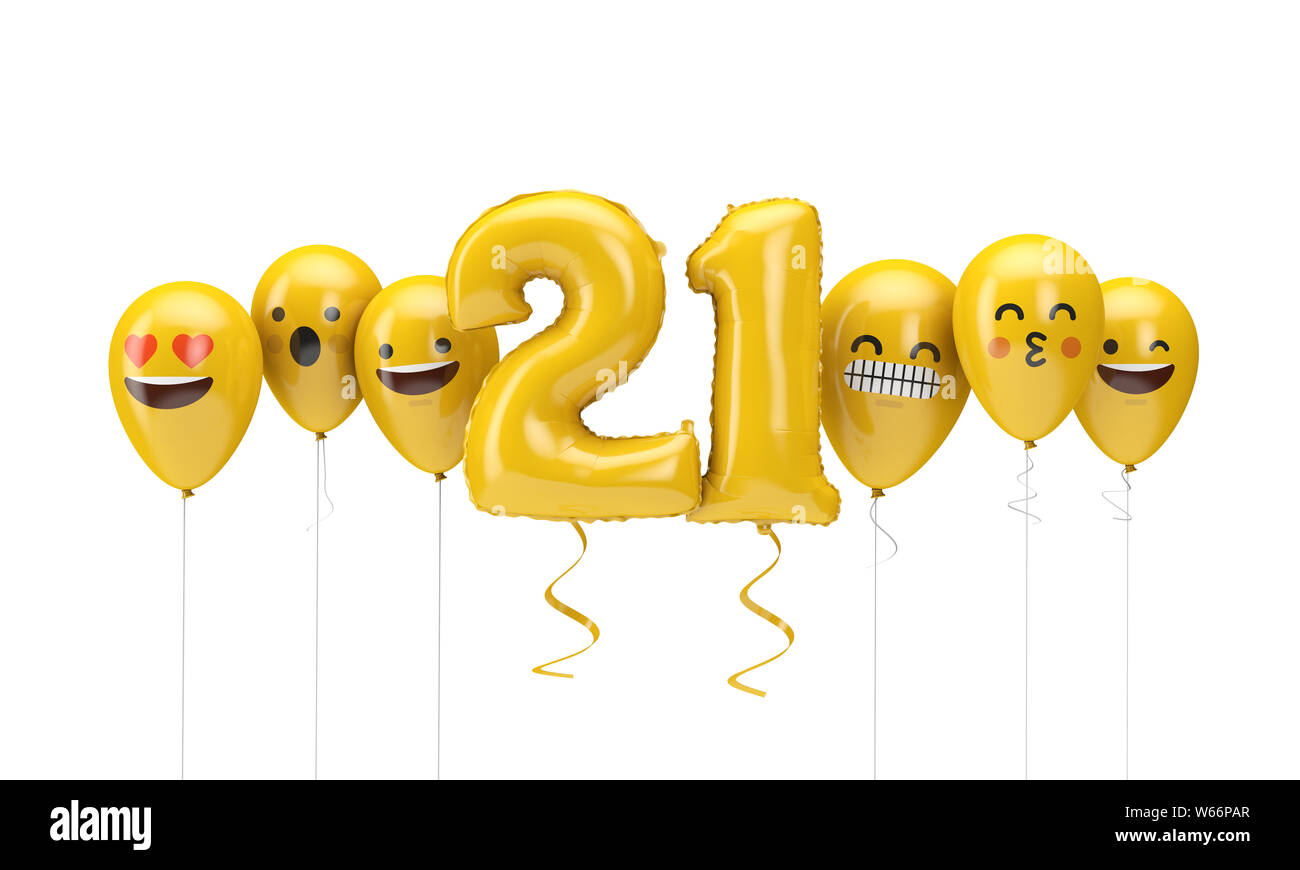 Nummer 21 gelb Geburtstag emoji Gesichter Luftballons. 3D-Rendering Stockfoto