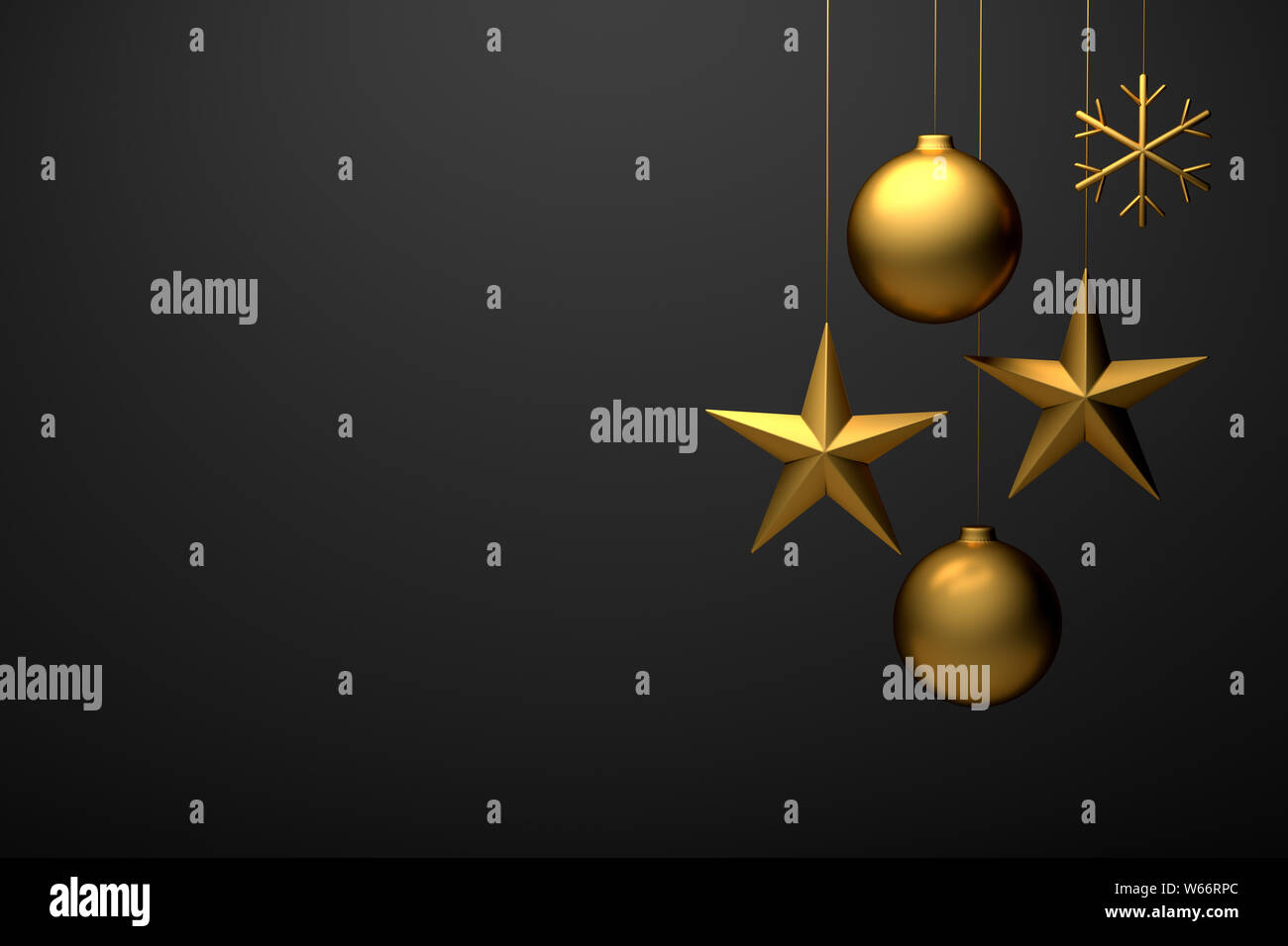 3D-Render von golden weihnachten Zierpflanzen: Ball, Stern, Schneeflocke. Copyspace für benutzerdefinierte Text verfügbar Stockfoto