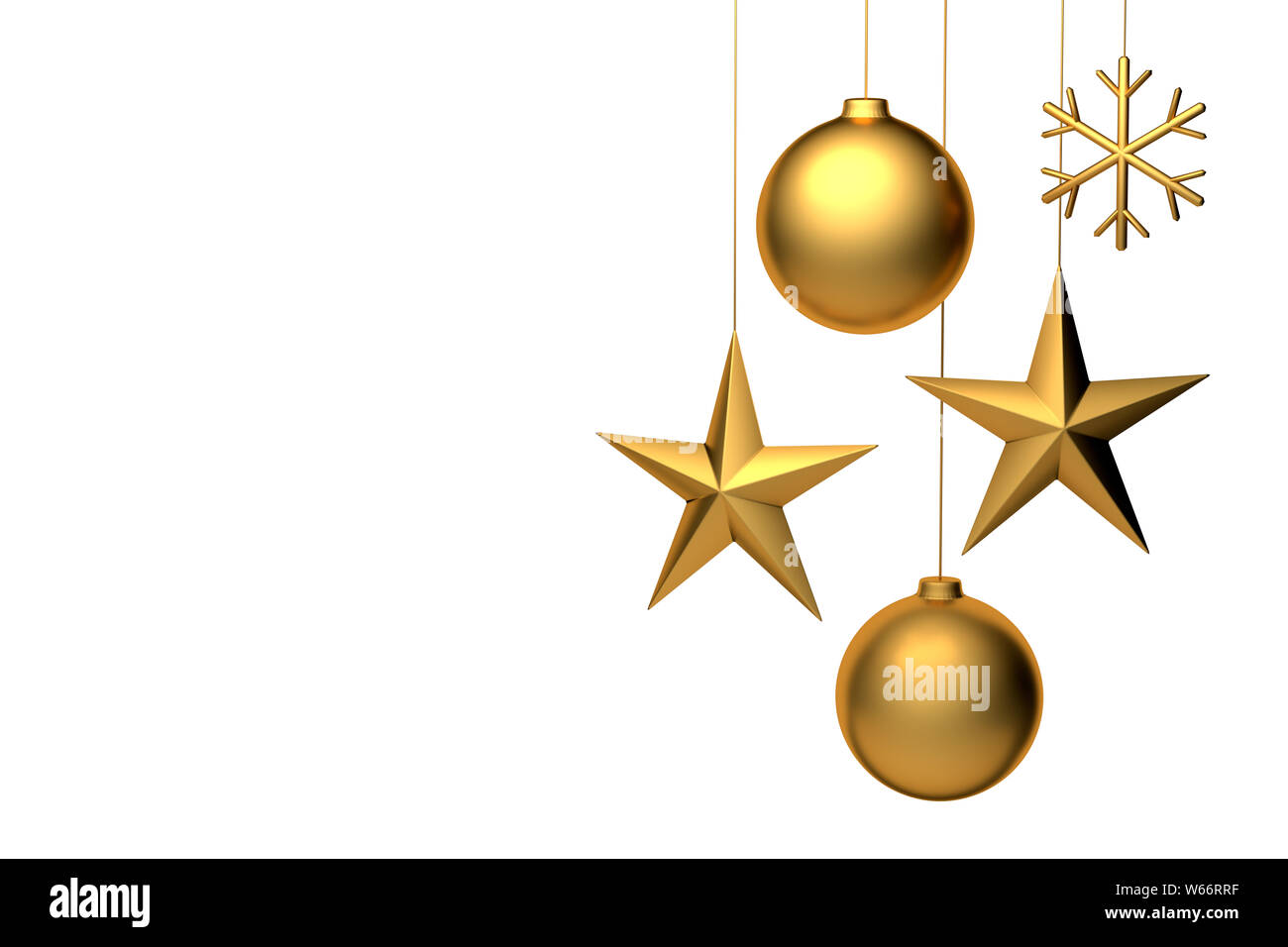 3D-Rendering von golden Weihnachtsschmuck: Ball, Stern, Schneeflocke. Copyspace für benutzerdefinierte Text zur Verfügung. Auf weiß Isoliert Stockfoto
