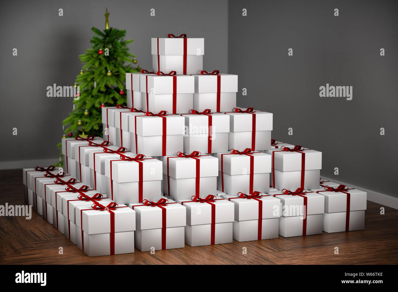 3D-Rendering: ein Haufen einheitliche präsentiert behindert wird der Blick auf den Weihnachtsbaum. Konzept für die Fülle an Weihnachten und die Kommerzialisierung o Stockfoto