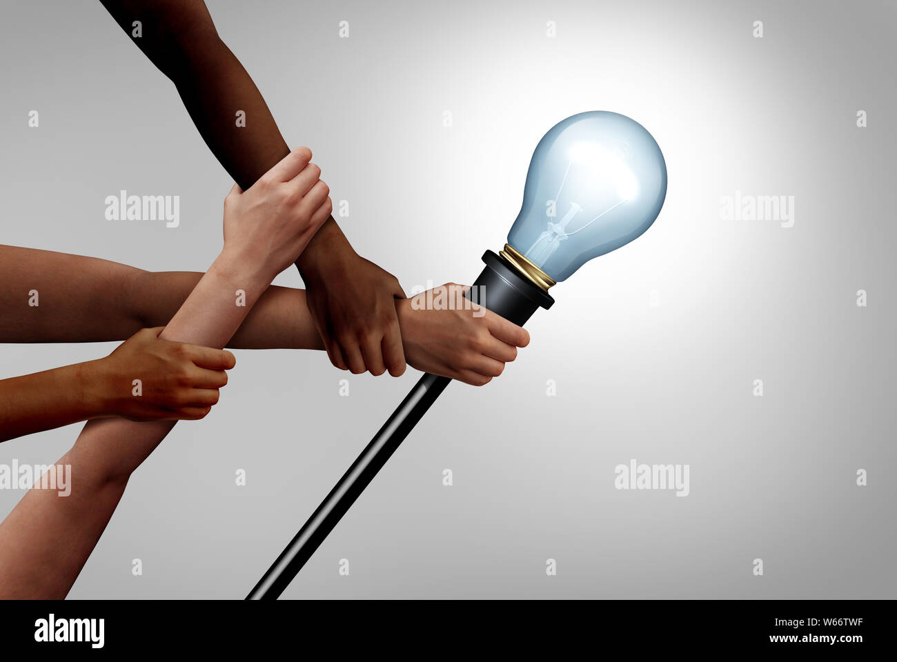 Teamwork Kreativität und denkenden Menschen zusammen als Gruppe zusammen kommen Hand in Hand in der Form eines inspirierenden Glühlampe als Stockfoto