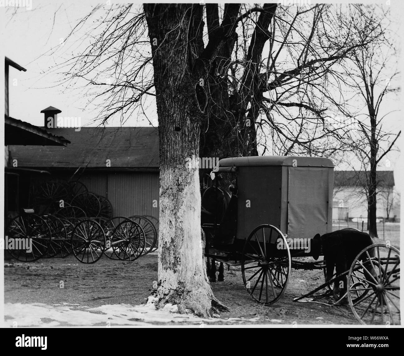 Lancaster County, Pennsylvania. Dieses Bild zeigt ein Old-Order Amish buggy vor einem Buggy sho. . .; Umfang und Inhalt: Die Bildunterschrift lautet wie folgt: Lancaster County, Pennsylvania. Dieses Bild zeigt ein Old-Order Amish buggy vor einem Buggy Shop. Beachten Sie das Array von Rädern in der linken Ecke. Stockfoto