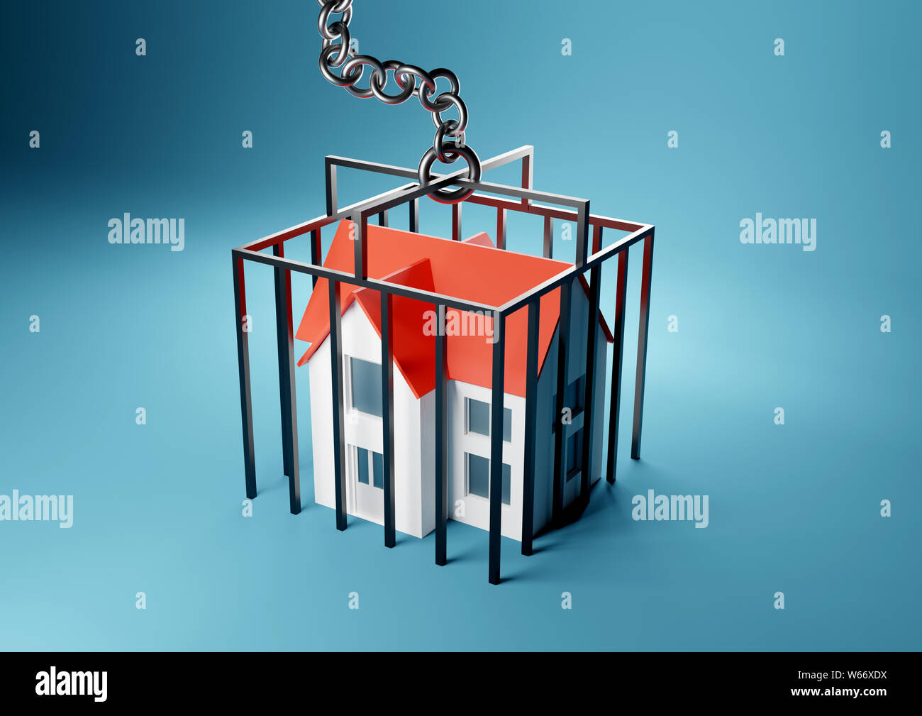 Ein Haus in einem eingesperrten Gefängnis gefangen. Hypothek, Hauseigentümer gefangen Konzept. 3D-Render Abbildung. Stockfoto
