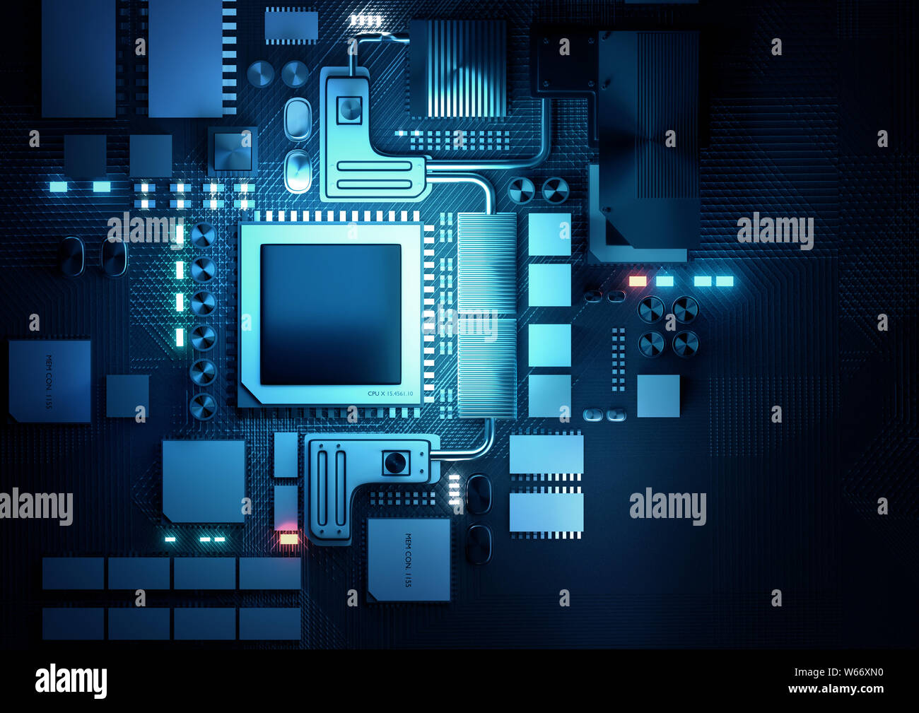 Top down Sicht auf eine künstliche Intelligenz CPU und Mikroprozessoren. 3D-Render Abbildung Hintergrund. Stockfoto