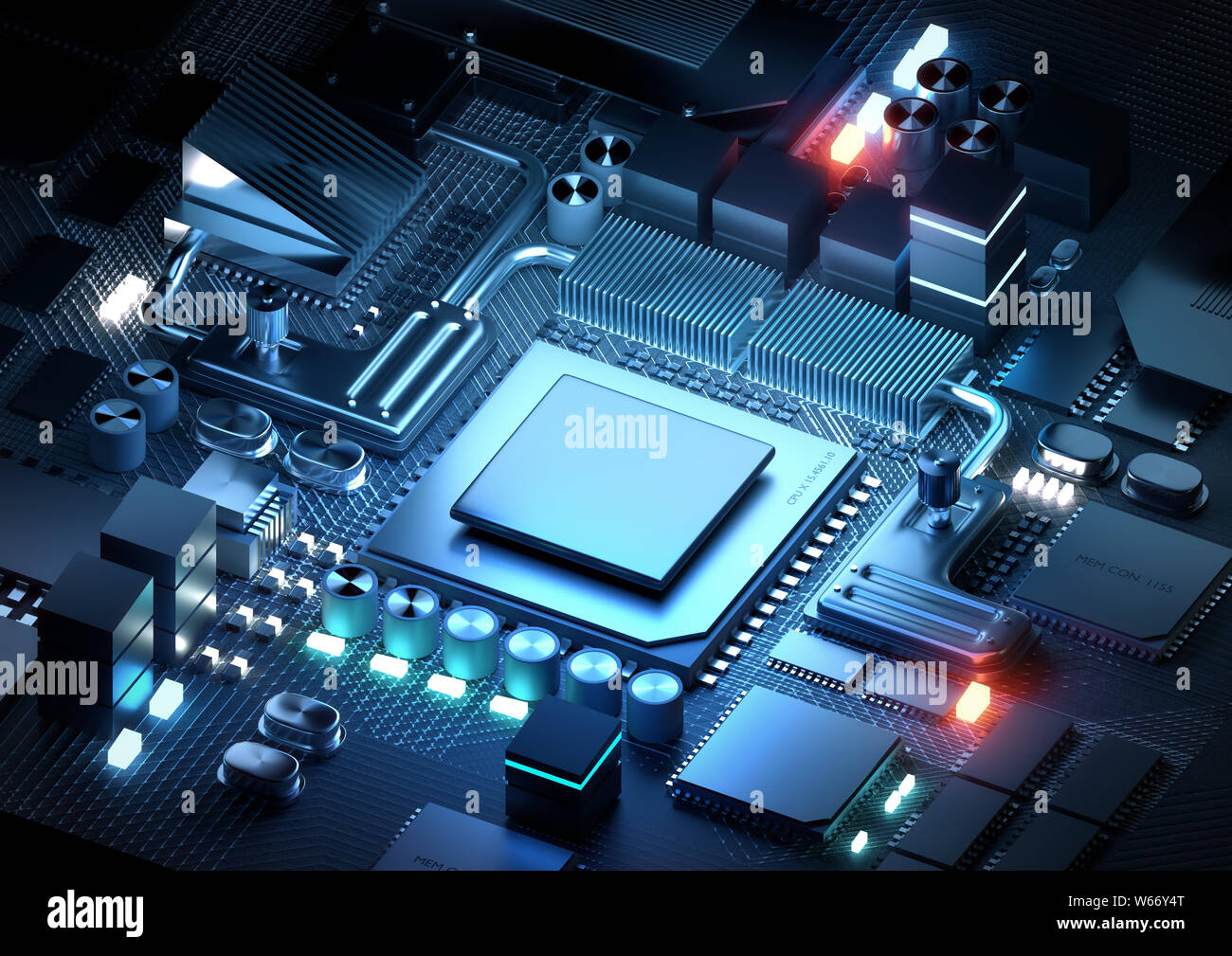 Ein silicon CPU- und Mikroprozessortechnik für moderne Anwendungen. 3D-Render Abbildung. Stockfoto