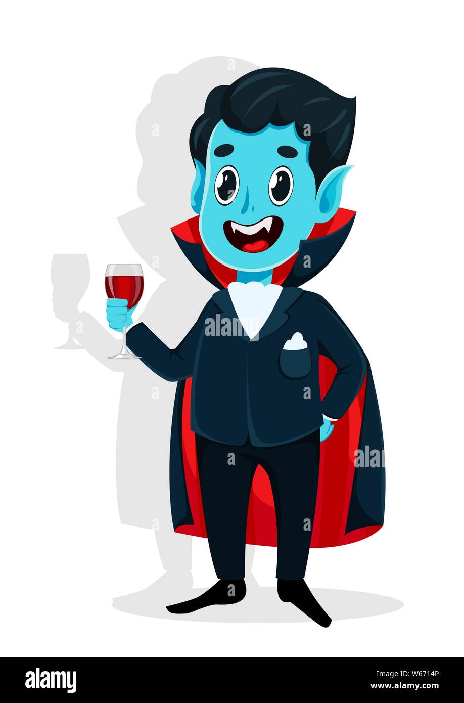 Happy Halloween. Vampire Zeichentrickfigur Kap tragen und halten ein Glas Blut. Vector Illustration auf weißem Hintergrund Stock Vektor